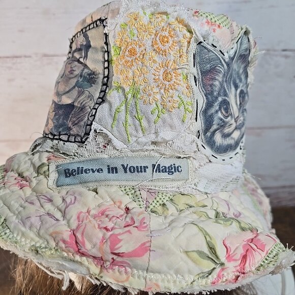 OOAK Magnolia Boho Quilt Top Hat Indie Upcycled Frida Bird Vtg Cat Adjusts L-S - Picture 5 of 14